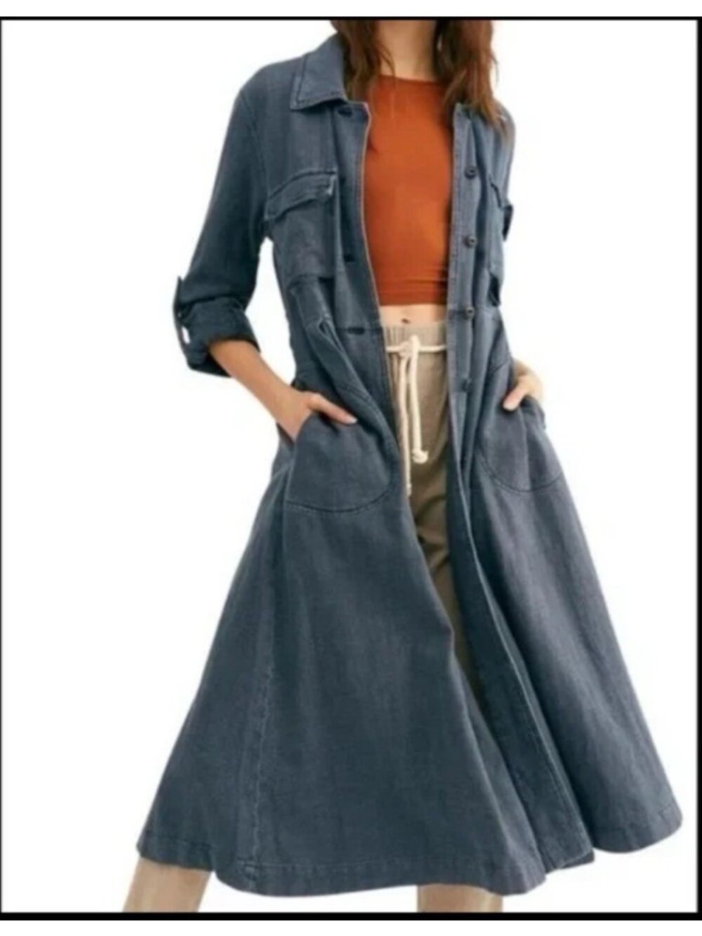 Free People Women’s Size M Duster Coat Dress Long Blue Button Front Boho
